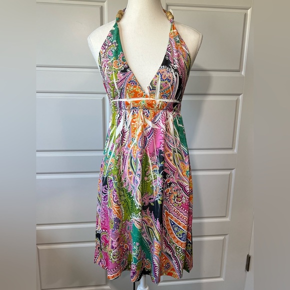 Halter Dress Colorful Paisley Print Beaded Accents Summer Dress - Picture 1 of 8